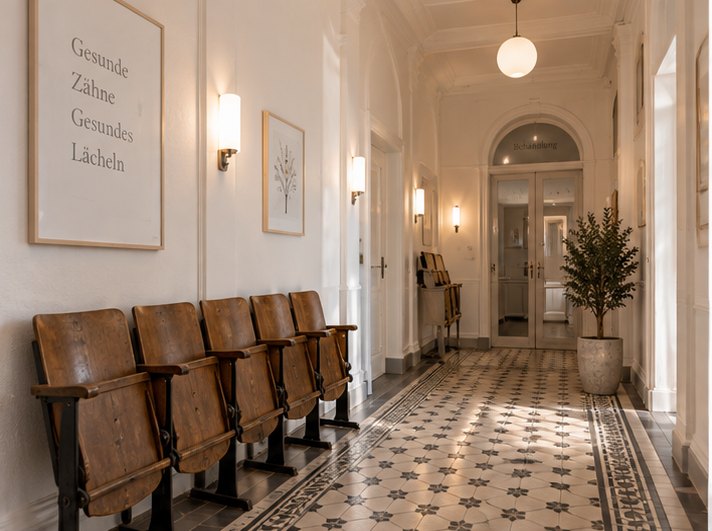 Flur mit historischen Hörsaal-Klappstühlen